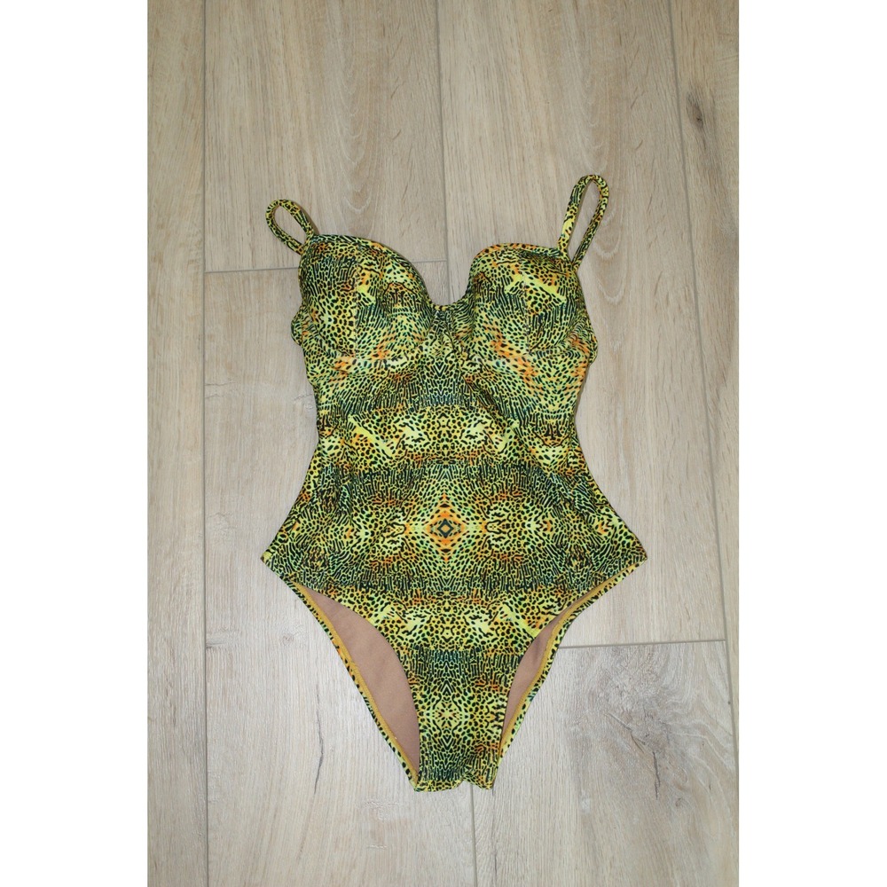 VTG Agua Doce Lime Green Cheetah Print Underwire One Piece Swimsuit Brazil Small